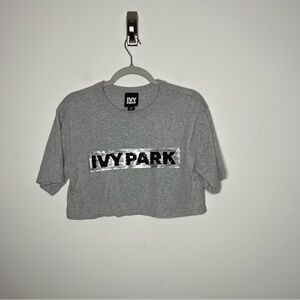 Ivy Park Crop Top Womens XS Gray Reversible Sequin‎ Logo Graphic Short Sleeve